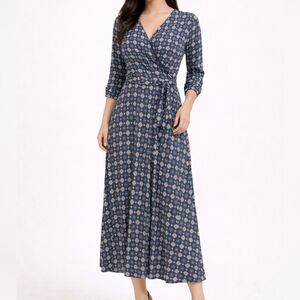 Harlow & Rose Maxi Dress Large Blue Geometric Faux Wrap Boho Travel Jersey NWT